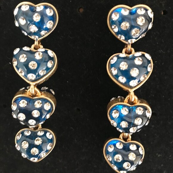 Oscar de la Renta Blue Heart Dangle Earrings Gold Tone Rhinestone Drop Earrings - Picture 1 of 3